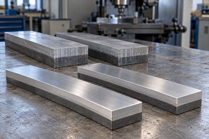 Saw-cut aluminium-steel blanks and machined transition strips