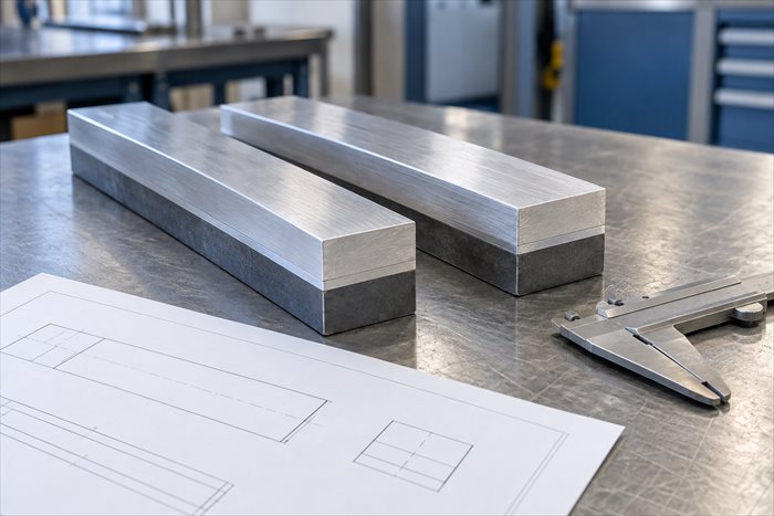 Aluminium-steel transition strips beside a drawing and vernier caliper