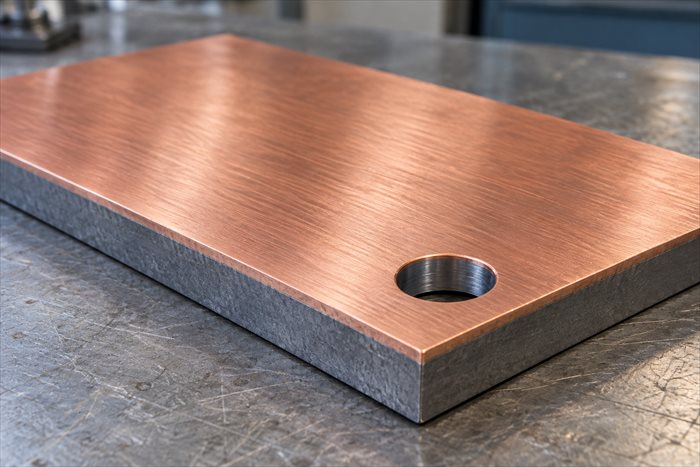 Copper-clad steel plate showing its copper face, exposed cut edge and drilled hole
