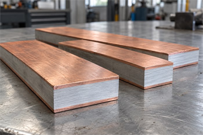 Copper clad aluminum busbar samples with visible cut ends on an industrial workbench.